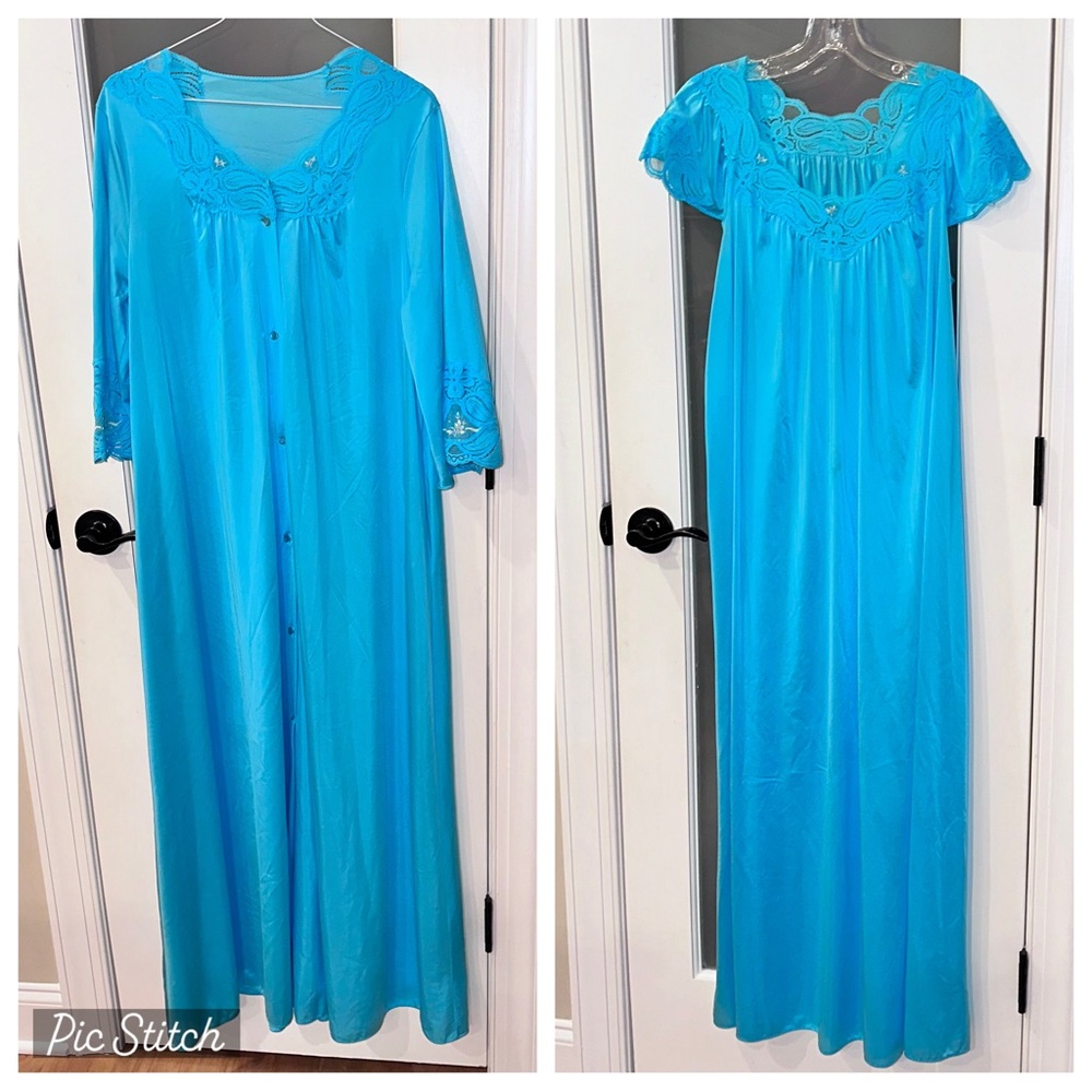 Vintage 2-PC Shawdowline Size S Long Nightgown / Robe Blue Nylon Silky